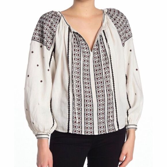 Frame Denim Tops - FRAME anita linen embroidered peasant blouse